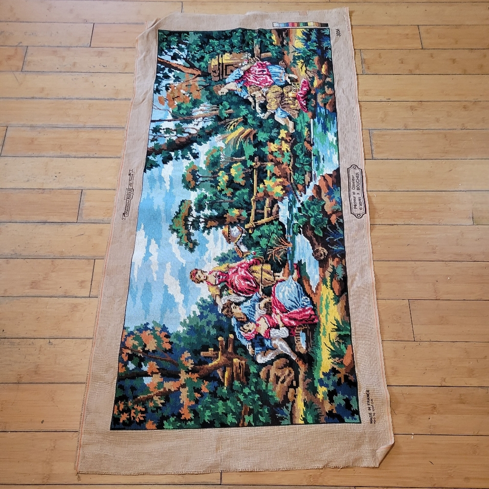 French Handmade Needle Point Tapestry Pecheur et Olsefeur d'apres F Boucher EUC